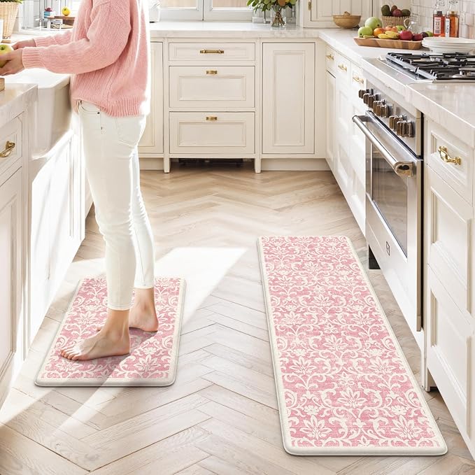 LEEVAN Pink Kitchen Mats for Floor Sets of 2, Vintage Distressed Anti Fatigue Memory Foam Kitchen Mat for Laundry,Non Slip Cushioned Standing Mat for Home, Office, Desk,Sink(17.3"x29"+17.3"x59")