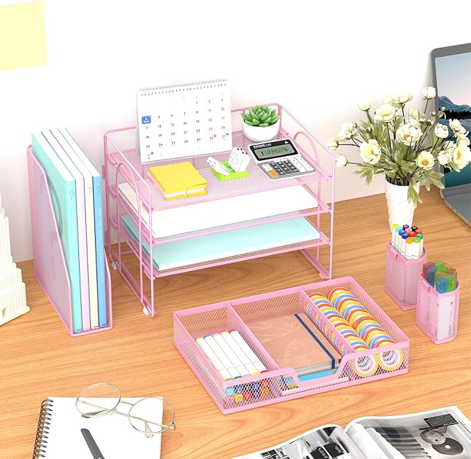 Marbrasse 4-Tier Paper Tray Organizer with Drawer and Pen Holder, Pink | Metal Mesh Desk Organizer, Built-in Drawer & 2 Pen Slots, fits letters/Files, for School Home Office Supplies