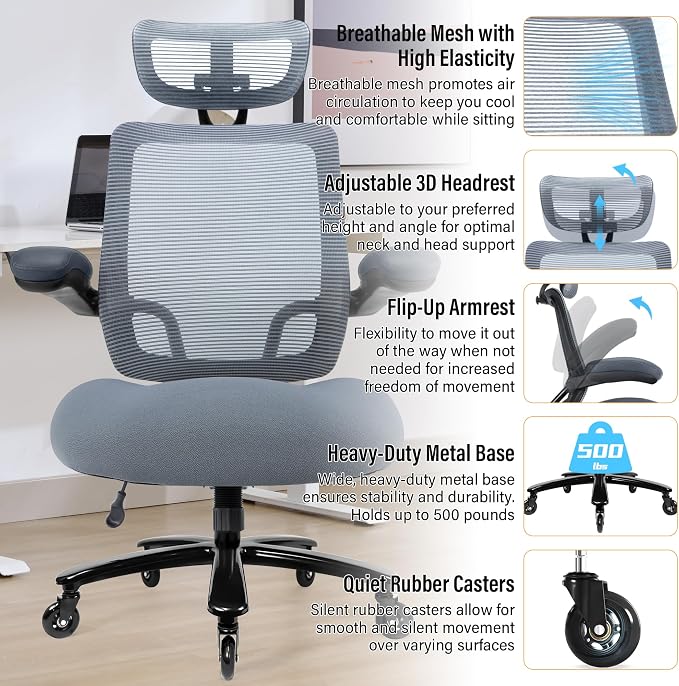 500lbs Big and Tall Office Chair - Heavy Duty Mesh Ergonomic Desk Chair with Headrest, High Back Computer Chair - Flip-up Armrests, Wide Thick Seat Cushion, Quiet Wheels, Grey