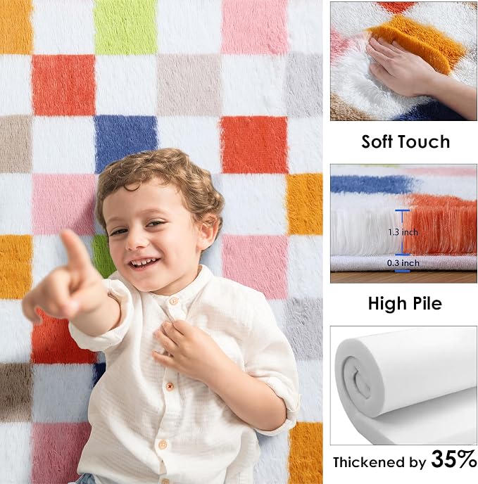 KICMOR Large Area Rugs 8x10 for Living Room, Fluffy Soft Rainbow Checkered Shag Shaggy Carpet for Bedroom, Indoor Big Fuzzy Plush Colorful Rug for Kids Boys Girls Dorm Nursery Home Decor Aesthetic