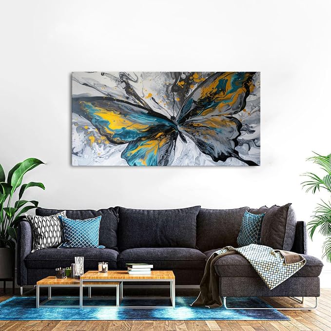 Abstract Butterfly Wall Art Teal Grey Yellow Butterfly Wall Decor Modern Marble Textured Canvas Poster Luxury Fluid Pictures Watercolor Neutral Artwork Living Room Bedroom Home Decoration 30x60"
