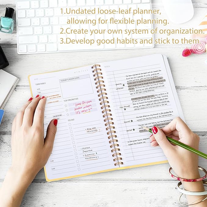 Undated Daily Planner with Hourly Schedule, 5.71" X 8.35" Daily To DO List Noteboook Set Goals A5 Daily Personal Organizer Notepad School Work Office Improve Efficiency Planner, Light Brown
