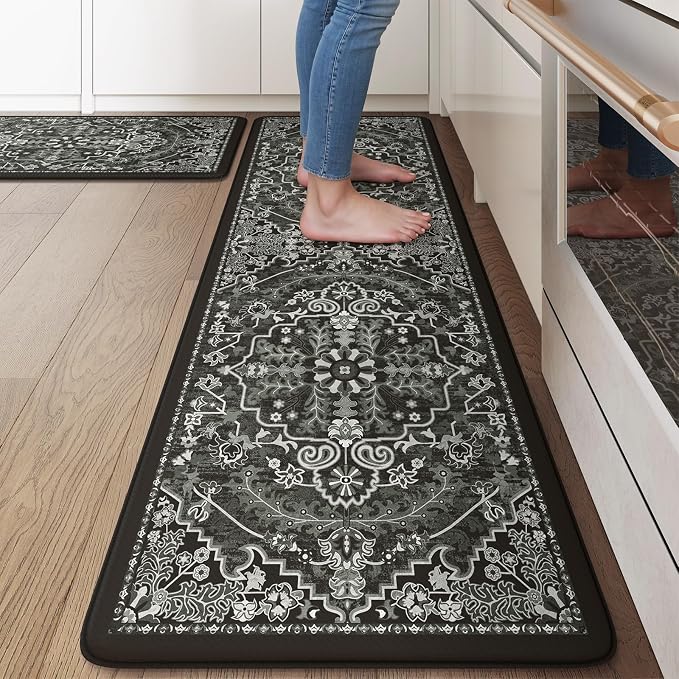 KIMODE Anti Fatigue Kitchen Mat Cushioned, Boho Kitchen Rugs Sets of 2 | Non Slip Memory Foam Kitchen Mat for Floor, Distressed Standing Desk Mat for Laundry Office Sink 17.3"x29"+17.3"x59" Black