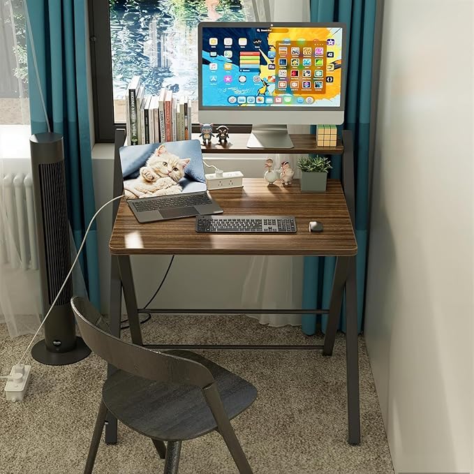 Simple Deluxe No Assembly Folding Desk with Shelf, 2-Tier Compact Computer Table, Space Saving Foldable Table for Home Office, Dorm or Apartment, Portable Collapsible Sturdy Laptop Desk, Brown