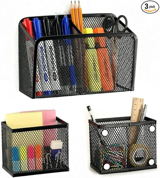 Neudeco Magnetic Locker Organizer, Set of 3, Black | Mesh Pencil Holder & Storage Basket, For Locker, Whiteboard & Refrigerator, Strong Magnet, School Supply Organizer