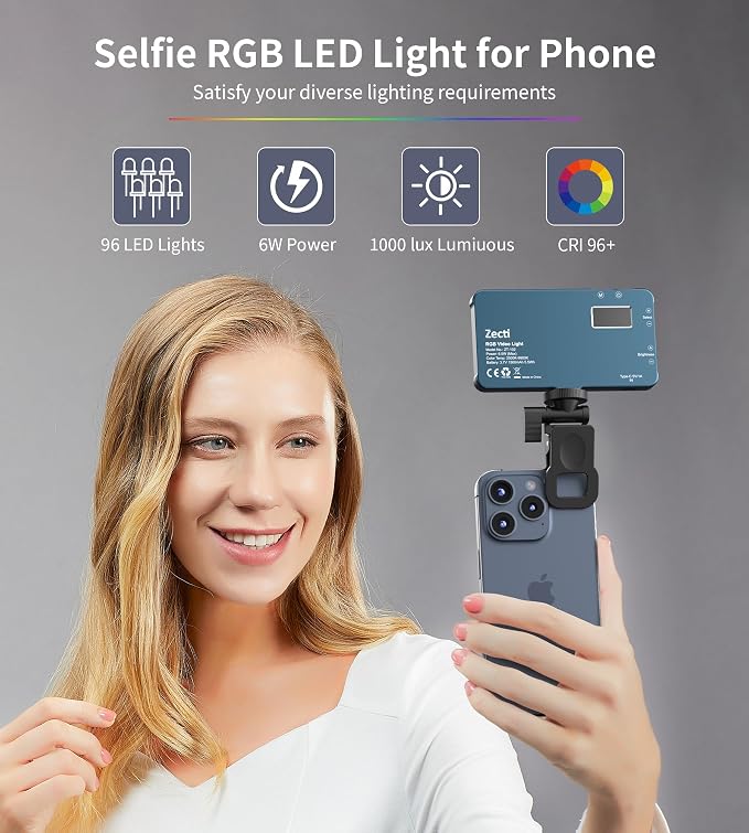 Selfie Light, 96 LED Phone Light with Metal Hotshoe & Clip, Rechargeable 2500K-8000K 360° Full Color 21 Scenes RGB Video Light for Phones, iPhone, Laptops, Cameras, Vlog, TikTok, Gifts for Women & Mom