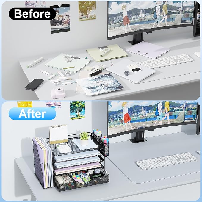 gianotter 5-Tier Desk Organizer with Drawers and File Holders | Letter Trays and Pen Holders - Workspace Accessories for Office Supplies (Black)