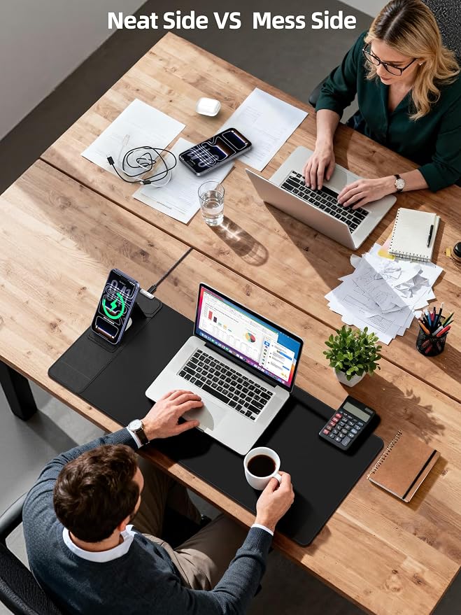 Mouse Pad with Magnetic Wireless Charging & Adjustable Phone Stand | 27.5"x11.8" Computer Mouse Mat with Anti-Slip Base & Stitched Edge, Easy Gliding, Spill-Resistant Surface, Black