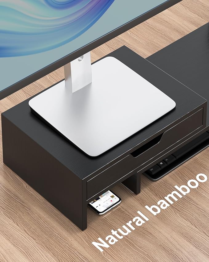 Epesoware Dual Monitor Riser with Two Drawer for Desk, No Assembly Required | Premium Bamboo Dual Monitor Stand with Storage, Desk Monitor Shelf for Computer, IMac & Laptop, Desk Organizer, Black