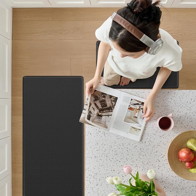 Kitchen Mats for Floor, [2PCS] Anti-Fatigue Kitchen Rugs, Black | Cushioned Comfort,Non-Slip Backing,Waterproof Surface,Soft Underfoot,Easy Clean,Kitchen Sink,Laundry Room,Standing Desk