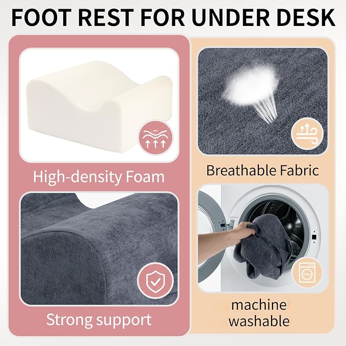 Foot Rest for Under Desk at Work,Curved Ergonomic Footrest for Office, Gray | with Washable Cover and Handle, Non-slip bottom, Support Foot Pillow, Leg Elevation Pillow, Support Feet and Legs for Home