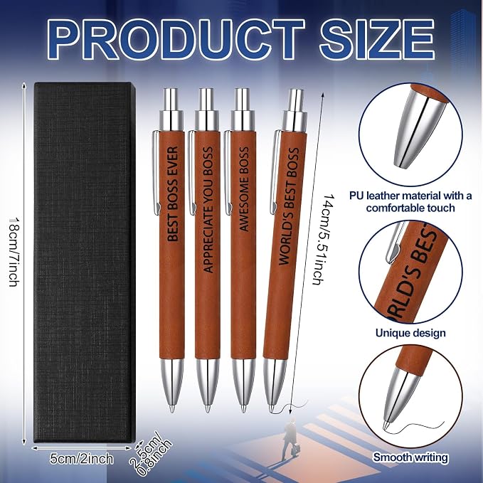 Sayglossy 4 Pcs Boss Appreciation Gifts Leather Pen Sets Boss Birthday Thank You Pens for Office Leader Supervisor Driver