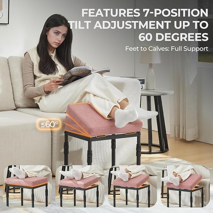 TIOPGHAD Adjustable Ottoman Pouf Footrest, 60 Degree Tilt, Pink Faux Suede | 4-Height, 28 Positions, Iron frame, Foam Cushion, 15.74 x 11.81 x 13.34 in, Under Desk, Living room, Home Office