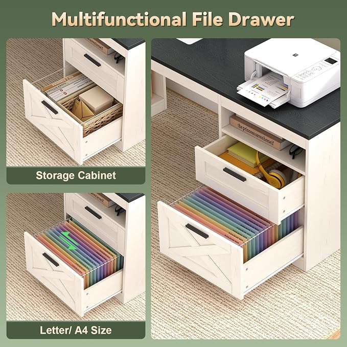 66 inch Farmhouse L Shaped Standing Desk with Storage for Home Office | Corner Electric Standing Desk with Drawers ＆ Storage Shelves, Height Adjustable Desk with Power Outlets, Black & White