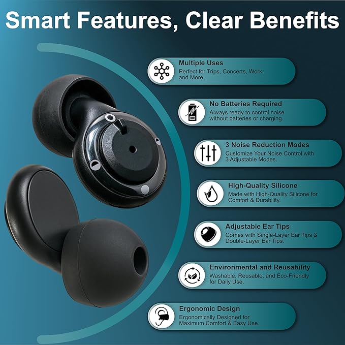 Winexus Adjustable Noise Reducing Ear Plugs for Focus, Travel, Concerts, Festivals & More – Reusable Silicone Earplugs with 3 Modes (17–35dB), 7 Ear Tip Sizes & Magnetic Carry Case, Black