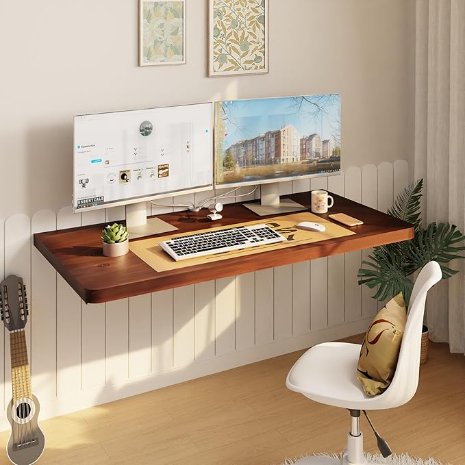 IAE Floating Wall Mounted Folding Table Desk with Pine Wood,36"x22" Folding Workbench,Fold Down wall Mounted Foldable Table with Shelf Brackets,Laundry Folding Table for Apartment,Home,Kitchen,Walnut
