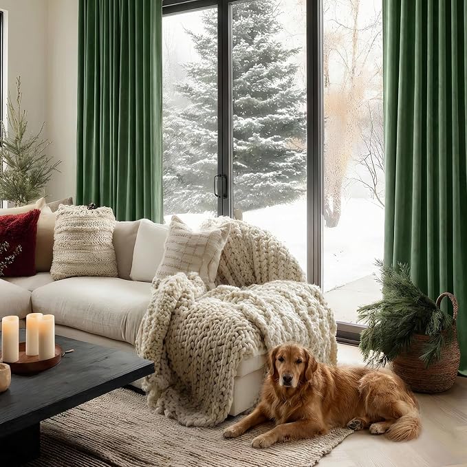 AUSSPVOCT Olive Green Velvet Curtains 90 Inches Long, Room Darkening Thermal Insulated Drapes for Bedroom Living Room, Back Tab & Rod Pocket Soft Luxury Sound Reducing Curtains, 52 x 90, 2 Panels