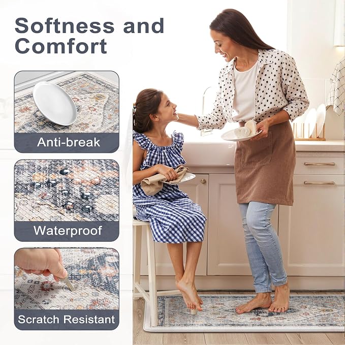 Collive Farmhouse Anti Fatigue Kitchen Mat, Cushioned Kitchen Rug Sets of 2 Waterproof Non Slip Kitchen Floor Mats Ergonomic Comfort Standing Mat for Laundry, Office, Sink, Desk, Blue/Multi