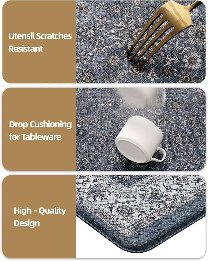 Color&Geometry Kitchen Floor Mat 24x59 Faded Vintage Anti Fatigue, Blue | 0.4in Cushion Standing Mat For Cooking/Working/Laundry, Boho Decor, Non Slip PVC Kitchen Rug, Oil/Water Proof, Anti Slip
