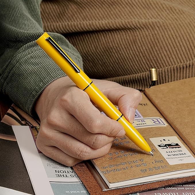 HONG DIAN C1 Fountain Pen Fine Nib, Lemon Yellow & Classic Retro Design Metal Pen with Ink Converter