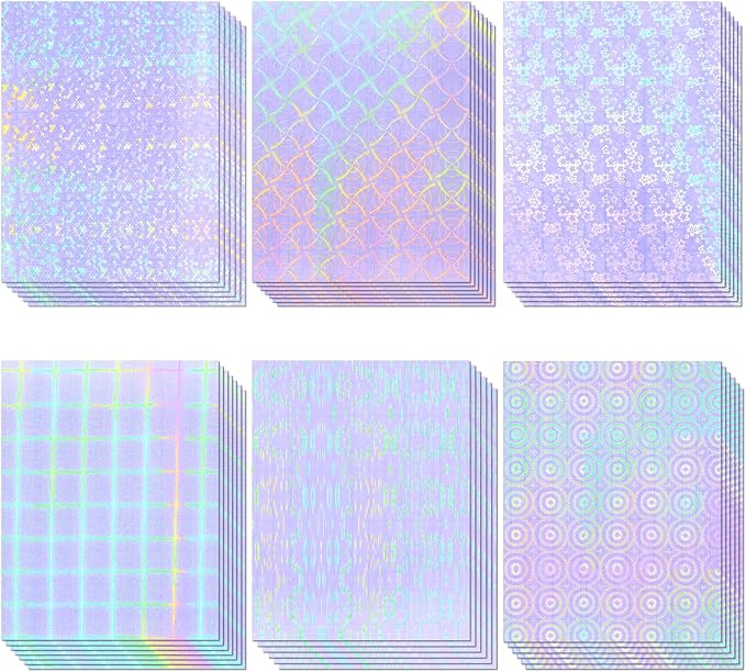 36 Sheets Holographic Laminate Sheets 8.5x11 Inch Self Adhesive 6 Patterns | Clear Waterproof Holographic Vinyl Laminate Film Overlay Lamination for Sticker Paper, Photos, Crafts, Scrapbooking