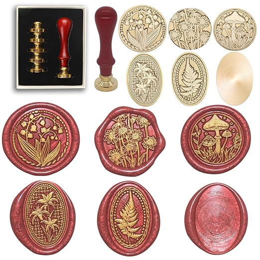 Wax Seal Stamp Kit, 6 Pcs Wax Seal Stamp Head 1 Wooden Hilt Letter Wax Seal Kit, Sealing Wax Stamp Seal Set Include Lily/Daisy/Mushroom/Oval Blank Envelope Sealing Wax Stamps for Wedding Invitation