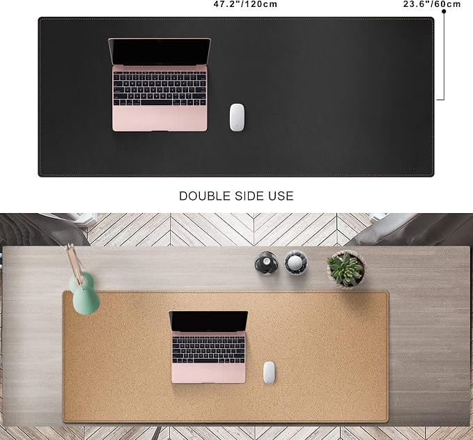 MAIDERN 47.2" x 23.6" XXL Cork & Leather Desk Mat, Reversible Full Desk Mouse Pad Protector (Black)
