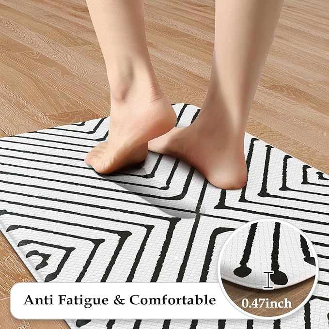 KIMODE Kitchen Mats Cushioned Anti Fatigue, Geometric Kitchen Rugs Sets of 2, Non Slip Waterproof Kitchen Floor Mats, Comfort Standing Mats for Laundry Office Sink Desk 17"x47"+17"x29" Black Diamond