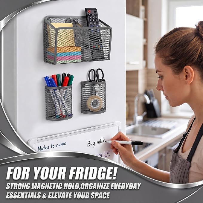 Marspark 3 Pcs Magnetic Pen Holder Set Metal Pencil Holder with Strong Magnets Wire Mesh Storage Basket Organizer for Locker Accessories Whiteboard Refrigerator School Office Dorm(Grey)