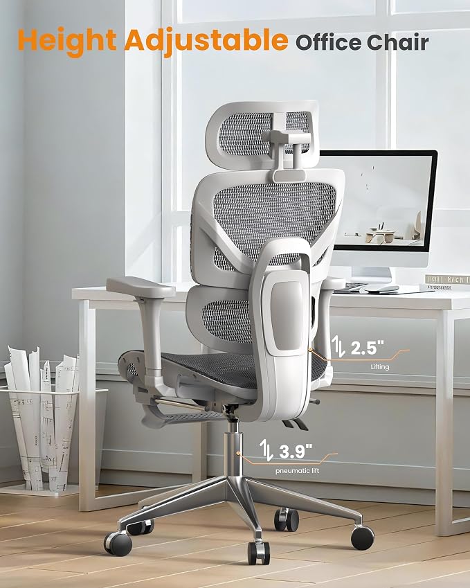 naspaluro Ergonomic Office Chair Lumbar Support High Back 350lbs Capacity | Adjustable Height Breathable Mesh Swivel Desk Chair with 3D Armrest Headrest, Footrest, PU Wheels, Comfy Computer Chair Grey