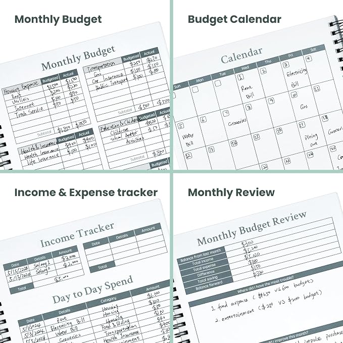 Monthly Budget Planner Book (Undated) with 12 Pockets for Income, Debt, Saving, Expense and Bill Tracker Organizer, Financial Planner for Men and Women, Dark Green, Spiral Design