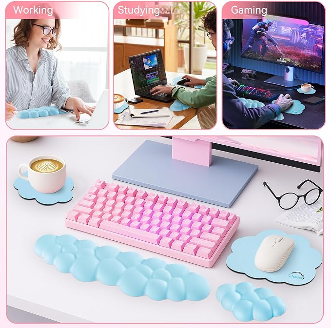 Sushret Cloud Wrist Rest for Computer Keyboard, 4-in-1 Memory Foam Leather Cloud Keyboard Wrist Rest and Mouse Pad Set with Ergonomic Support for Arm and Palm Cushion, Gaming/Work Setup, Blue