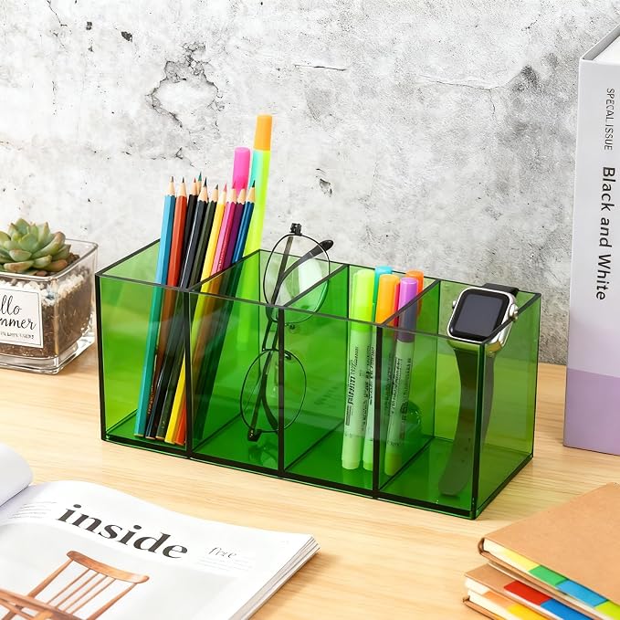 Pen Holder for Desk Neon Acrylic Pencil Holder Cup Makeup Brush Storage Organizer for Vanity, Turquoise Green