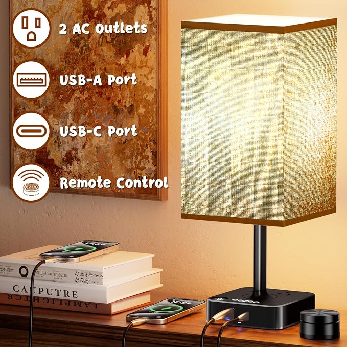 cozoo Bedside Table Lamp for Bedroom, 3 Way Dimmable & Remote Control Stepless Dimming Touch Nightstand Lamp, 2 USB Ports and 2 AC Outlets, Small Desk Light for Living Room, Bed, Study, Brown