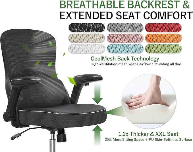 Ergonomic Office Chair - Desk Chair with Adjustable Lumbar Support Computer Chair - Mesh Comfy Chair with Flip-up Armrests - Gaming Chairs for Adults Home Office (Leather, Black)