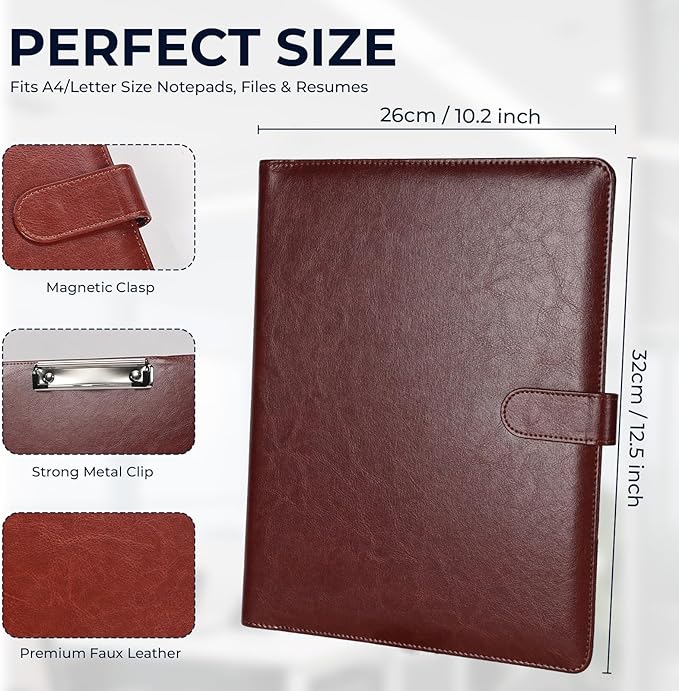 Professional Padfolio with Clipboard, Faux Leather Portfolio Folder Binder, Legal Pad Holder for A4 Letter Size Notepad, Resume, Writing Pad, Ideal Organizer for Business Office Conference (Brown)