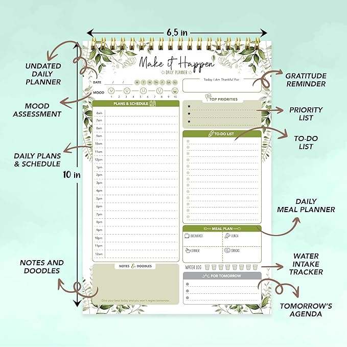 Decorably 52 Sheets Forest Green Undated Daily Schedule Notepad - 6.5x10in Spring-Bound, Easy Tear-Off, to Do List, Schedule, Priorities, Agenda, Water Intake, Meals, Notes and Doodles - Home, Office
