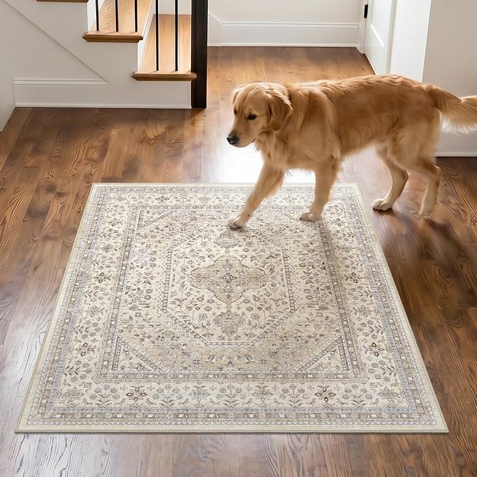 Washable 3x3 Square Entry Rug - Non Slip Throw Rug with Rubber Backing for Living Room Soft Vintage Indoor Carpet for Bedroom Low Pile Stain Resistant Floor Mat for Bathroom Home Decor Beige/Gray