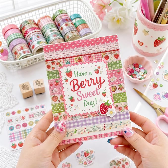 Bomichi Washi Tape Set - 35 Rolls Strawberry Pastel Washi Tape for Junk Journal Supplies, Bullet Journal Supplies, DIY Crafts, Scrapbooking, Planner Decoration, Gift Wrapping, School Supplies