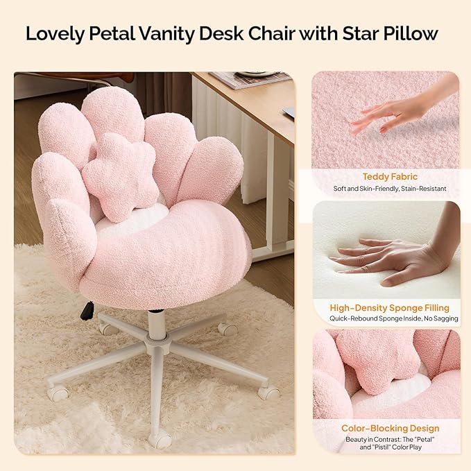 VINGLI Lovely Petal Vanity Desk Chair with Star Pillow, Height Adjustable Armless Swivel Chair in Vibrant Color-Blocking, Modern Computer Task Chair for Bedroom & Home Office, Teddy Fleece,Pink
