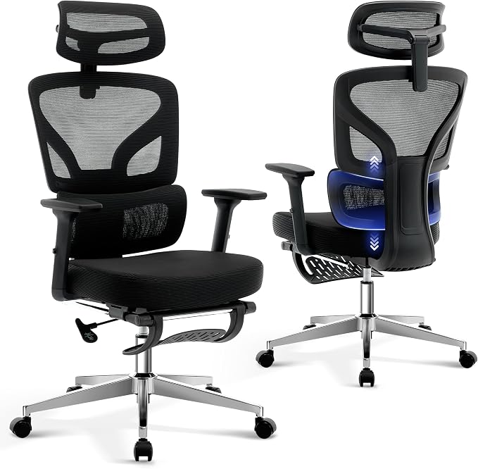 Office Chair Ergonomic Desk Chair - Home Mesh Chair with Adjustable Footrest Lumbar Support, High-Back Computer Gaming Chair with Headrest 3D Armrests, Rolling Swivel Task Chairs for Home, Office