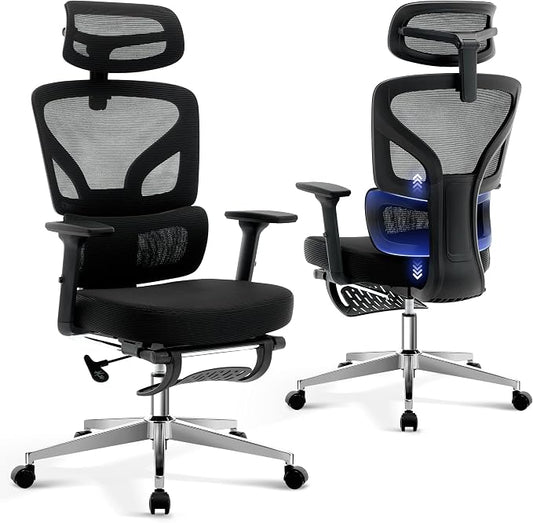 Office Chair Ergonomic Desk Chair - Home Mesh Chair with Adjustable Footrest Lumbar Support, High-Back Computer Gaming Chair with Headrest 3D Armrests, Rolling Swivel Task Chairs for Home, Office