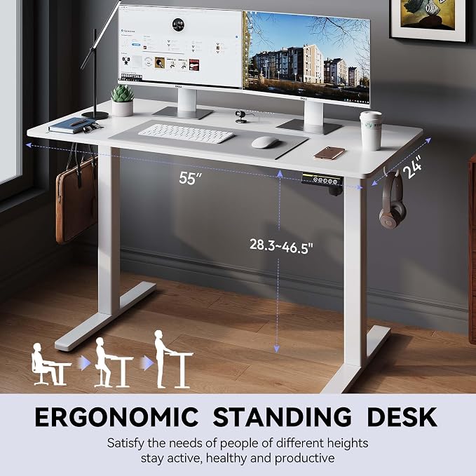 Large Electric Standing Desk,55x24 Inches Adjustable Height Stand up Desk, Sit Stand Home Office Desk, 3 Preset Heights,Equipped with Hooks,Ergonomic Computer Desk Workstation，White