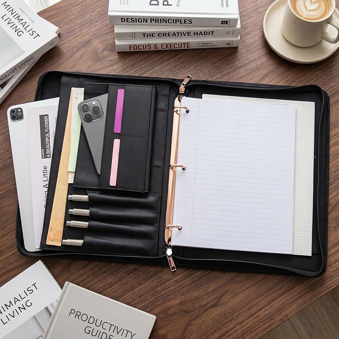 AZXCG Genuine Leather Portfolio Binder for Men& Women,Portfolio Organizer with Zipper,Leather 3 Ring Binder for iPad Pro 12.9,Business Portfolio for Men,Gift for Father's Day