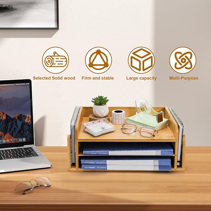 ZOOFOX Cute Cat-Shaped Bamboo Desk Organizer, 3-Tier Paper Letter Tray with 2 Vertical Mail Slots, Wooden Desktop File Holder and Sorter for Office Home