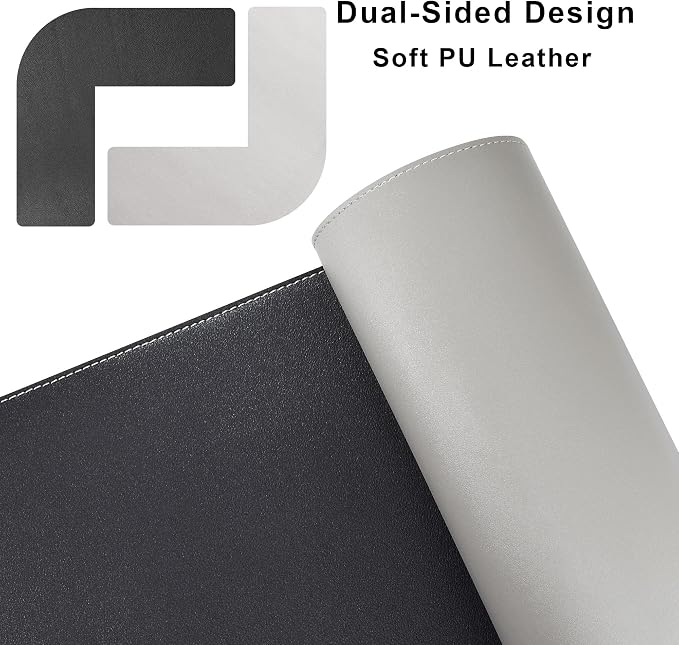 Chihein 53.2” x 65” x 19.7” L Shaped Leather Desk Mat - Big Gaming Corner Desk Pad, Non-Slip Waterproof Surface, Easy to Clean, Perfect for Office, Home (Gray/White)