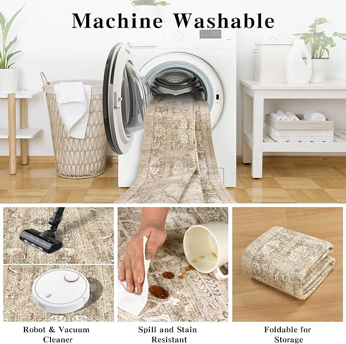 8x10 Beige Washable Area Rugs for Living Room Non Slip Low Pile Vintage Boho Throw Rug Khaki Soft Retro Distressed Floral Large Carpet Indoor for Bedroom Dining Room Office Kitchen Playroom