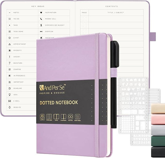&And Per Se Dotted Notebook, A5 Hardcover with Journal Dotted Pages, Journal Stencils & Pen, 176 Numbered Pages for Beginners Women Men (Purple)