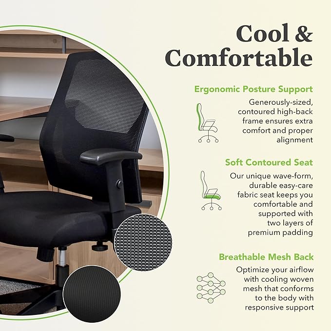 HON Crio Ergonomic Mesh Office Chair, High‑Back Desk Chair with Adjustable Arms, Lumbar Support, Center‑Tilt Swivel Seating for Computer Desks and Home Office, Black Frame, Black