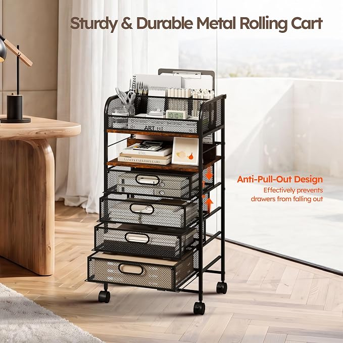 Rolling Art Cart with 4 Drawers, Rustic | Art Supplies Organizer, 5-Tier Storage, Adjustable Dividers, Anti-Pull Mesh Drawers, Metal Frame, 4 Casters with 2 Locks